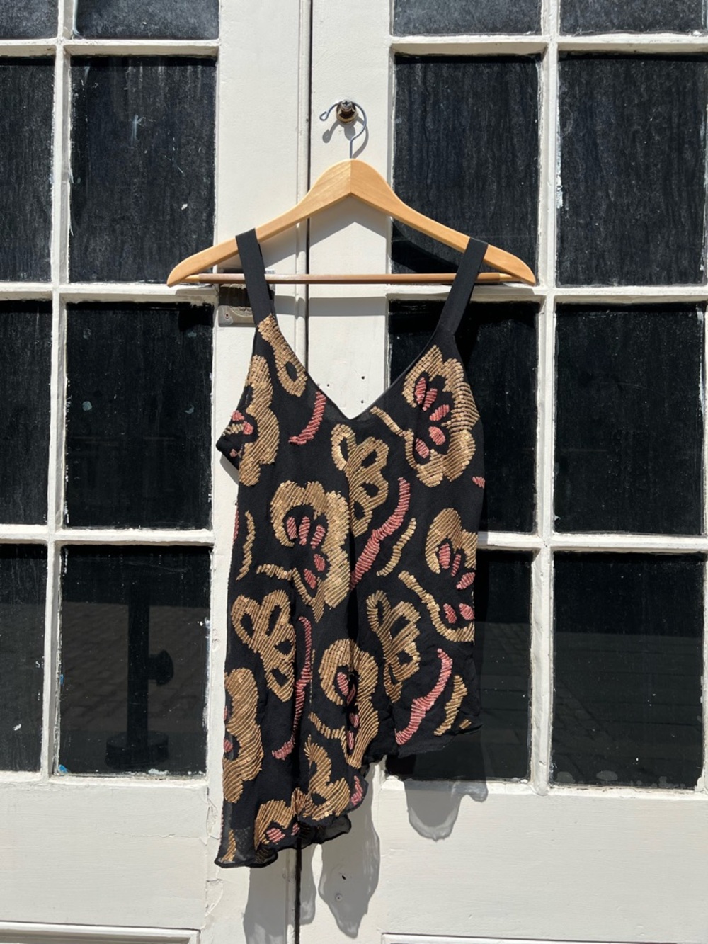 Black Floral Tank with Gold and Pink sequins